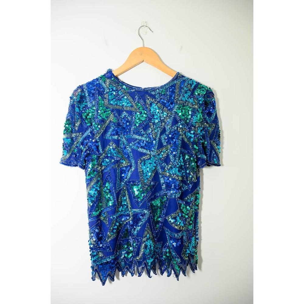 Styleworks Sequin Silk Top S Blue Vintage Geometric Beaded Scalloped Hem Glam
